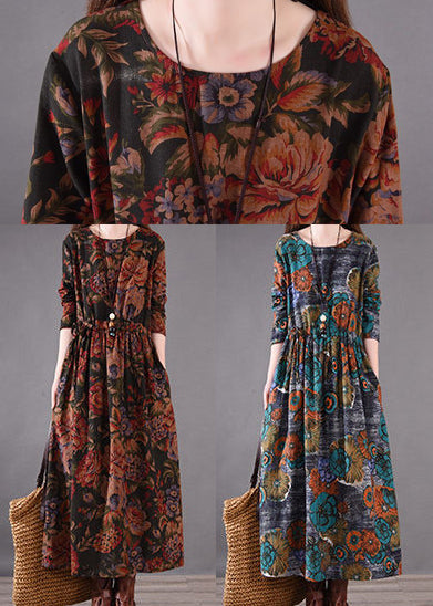 Cinched Brown Boutique Dress Cotton Holiday Print Spring