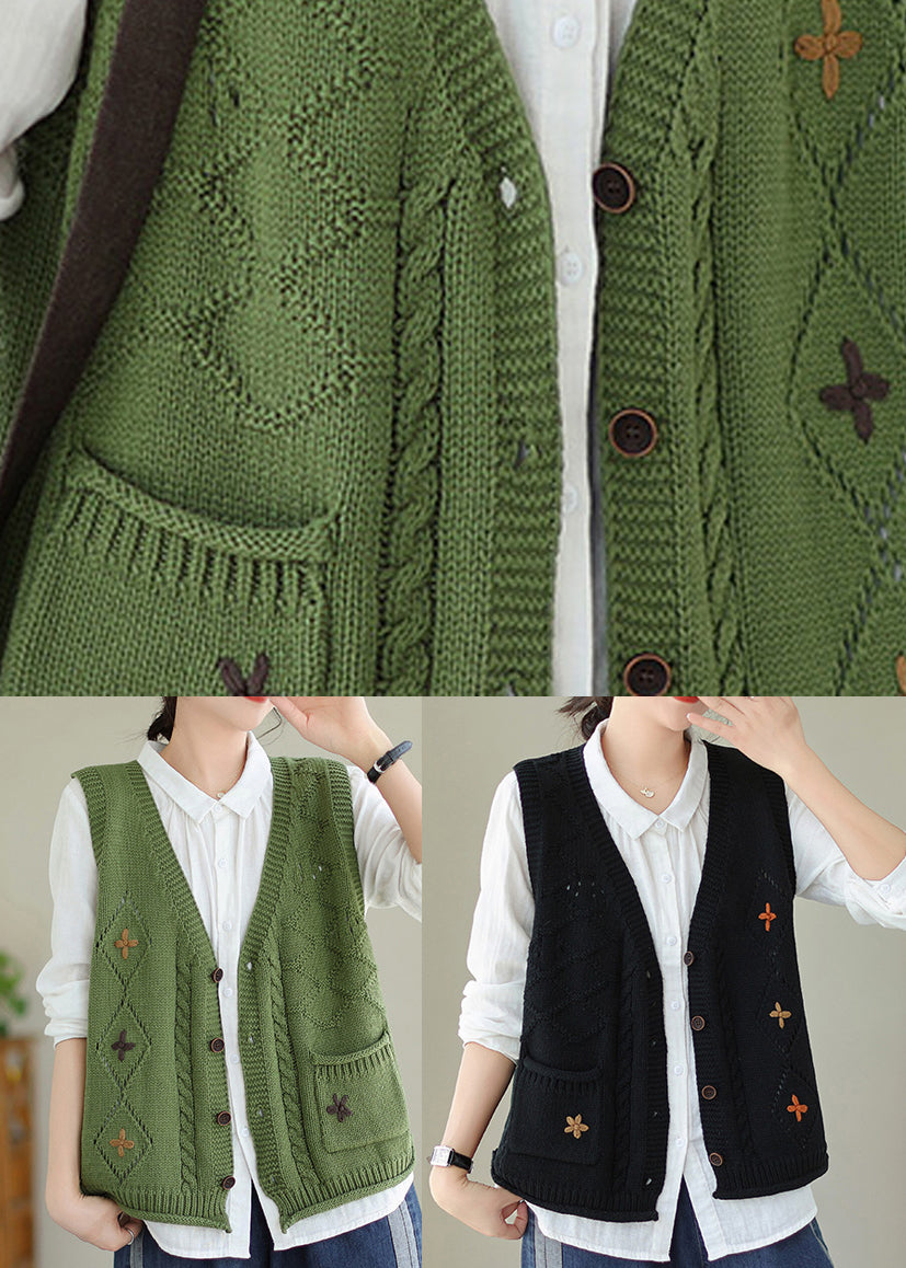 Boutique Grüne Strickweste mit V-Ausschnitt und Stickerei, Herbst, QA033