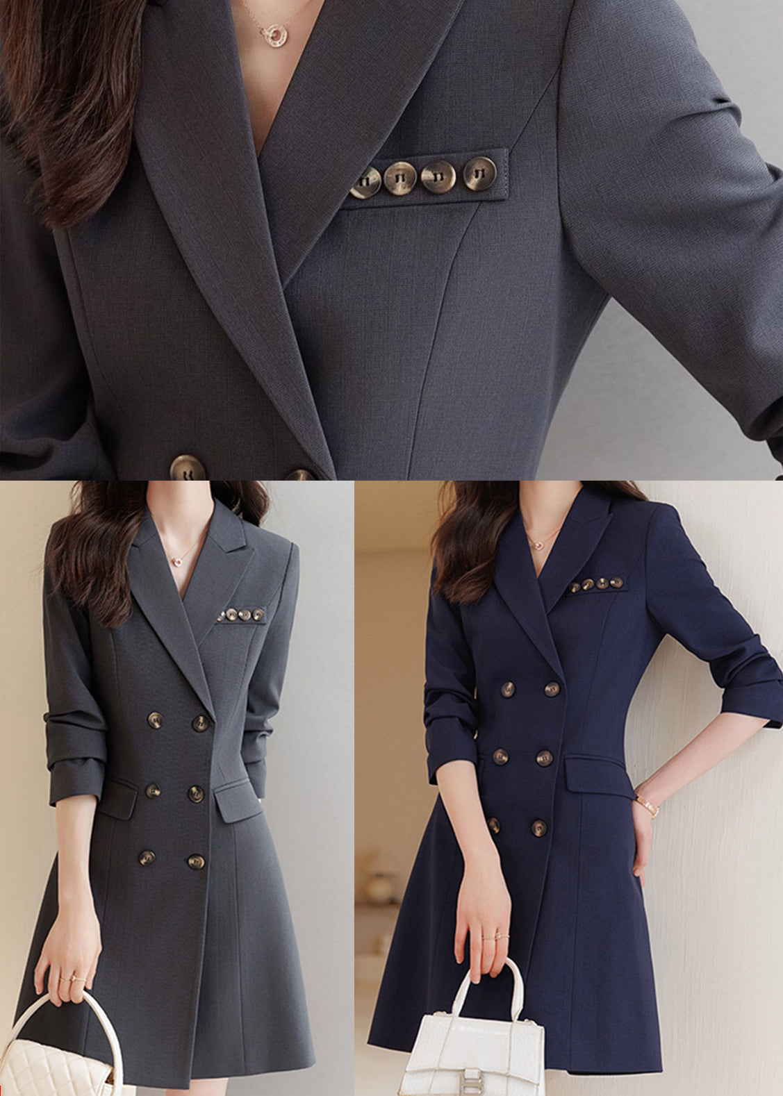 Robe manteau grise à double boutonnage et coupe ajustée, collection printemps YJ060