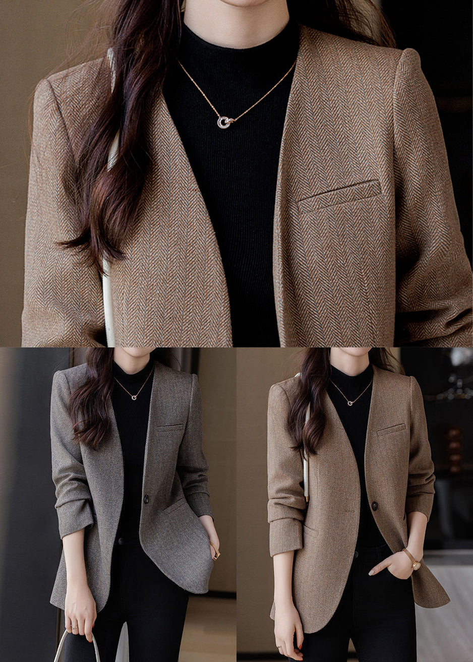 Boutique Grey V Neck Woolen Formal Coats Spring YJ016