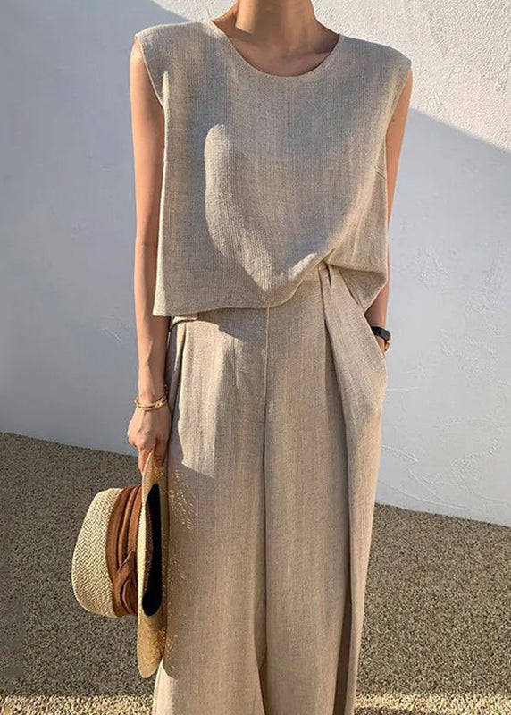 Shirt Pieces T Wide And Pants O-Neck Two Khaki Set Leg Boutique