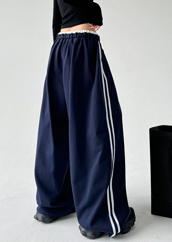 Pantalon large bleu marine à taille élastique et cordon de serrage, collection printemps TA051