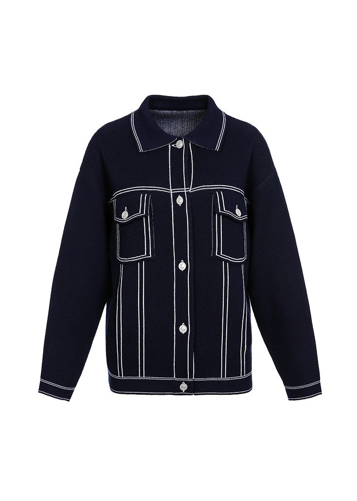 Boutique Marineblauer Peter-Pan-Kragen mit Taschen, Strickmantel, Herbst, WO022