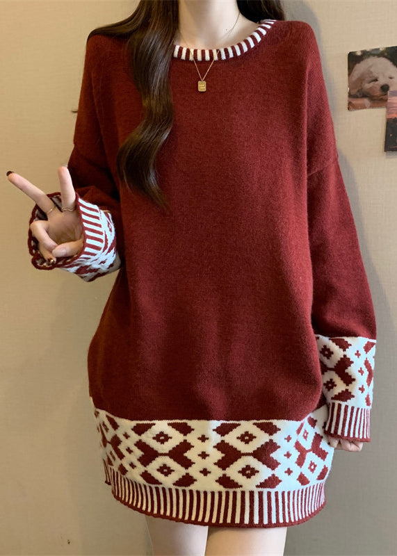 Boutique Rot O Hals Jacquard Patchwork Strickpullover Winter RG039