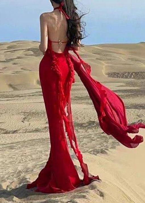 Robe Sexy Rouge Boutique Longue Été Dos Nu Licou Volants