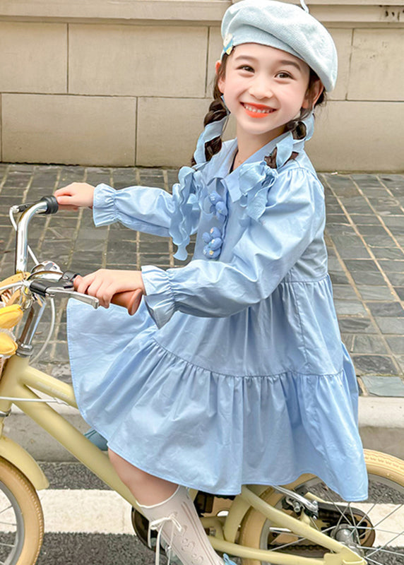 Robe longue bleue à col Peter Pan et manches longues pour fille, patchwork de boutons floraux, YE030
