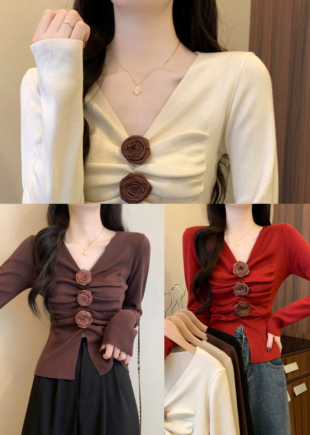 Brown Floral Knit Pullover Side Open Spring TM031