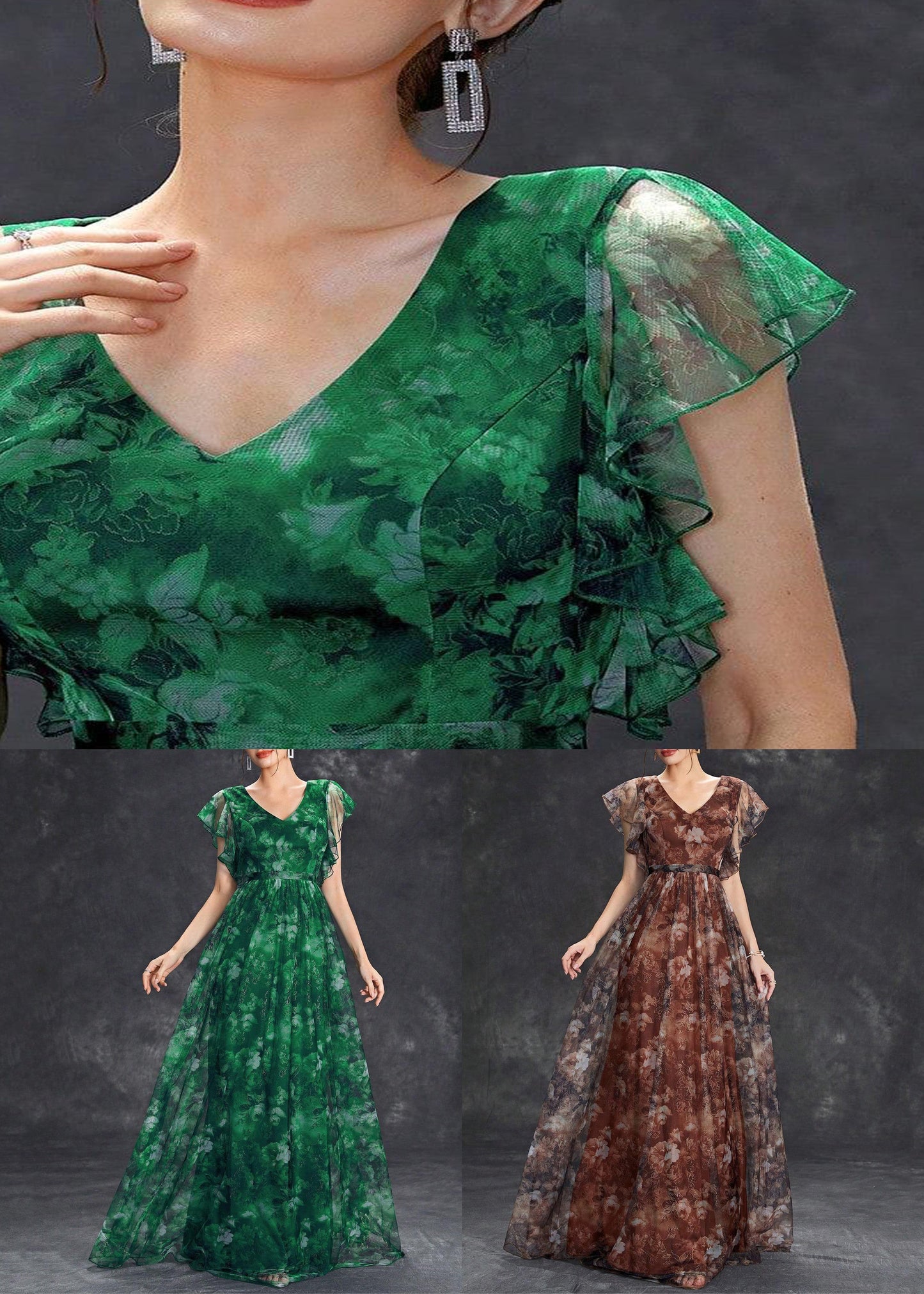 Ärmel Braun Tüll Print Langer Hals V Kleid Kurz