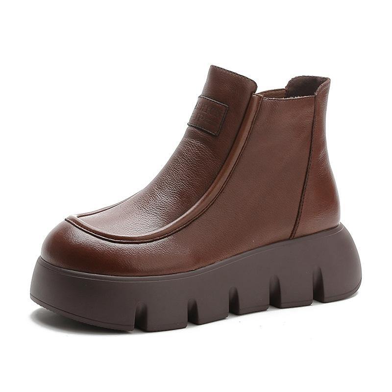 Bottes à plateforme zippées marron en cuir de vachette Splicing Boots RD020