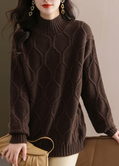 Lässiger beigefarbener, dicker Strickpullover mit halbem Hign-Ausschnitt, Herbst-Tops QL052