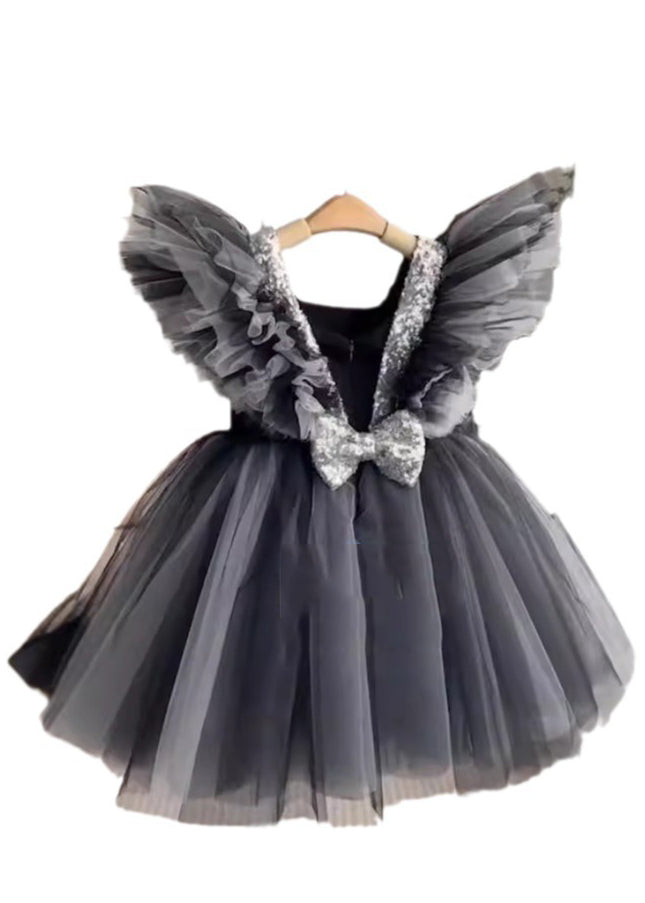 Patchwork Neck Tulle Casual Dress Girls V Summer Long Black
