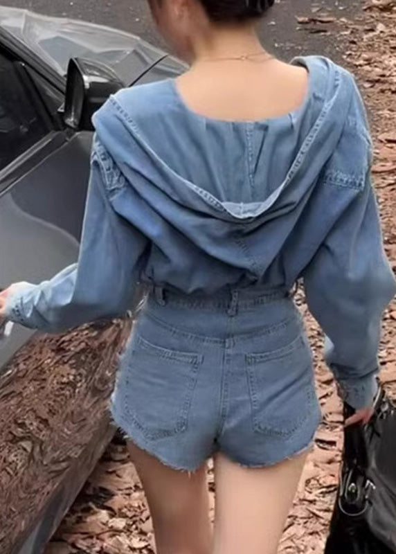 Ensemble deux pièces décontracté en jean bleu avec haut à capuche et short, printemps RP007