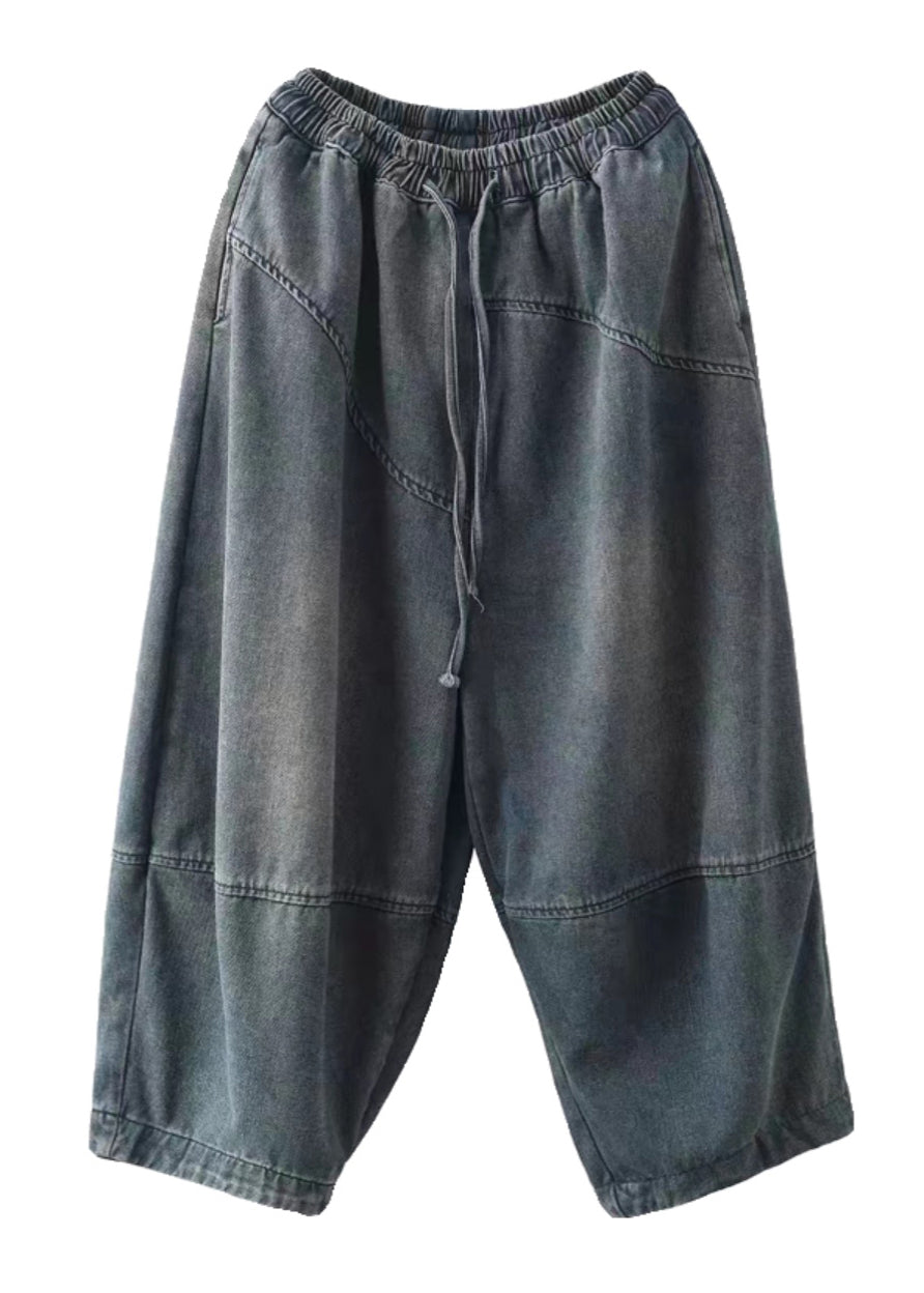 Lässige blaue Taschen elastische Taille Baumwolle Haremshose Frühling TN008