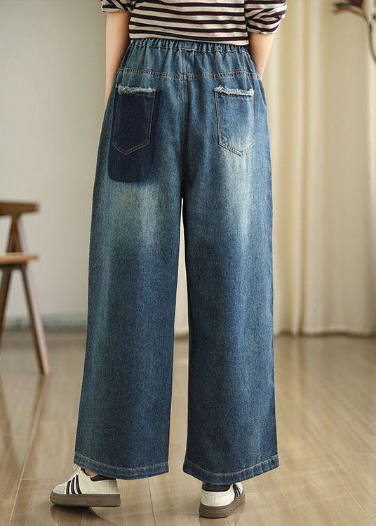 Pantalon large en denim bleu décontracté avec poches et taille élastique, printemps TZ036