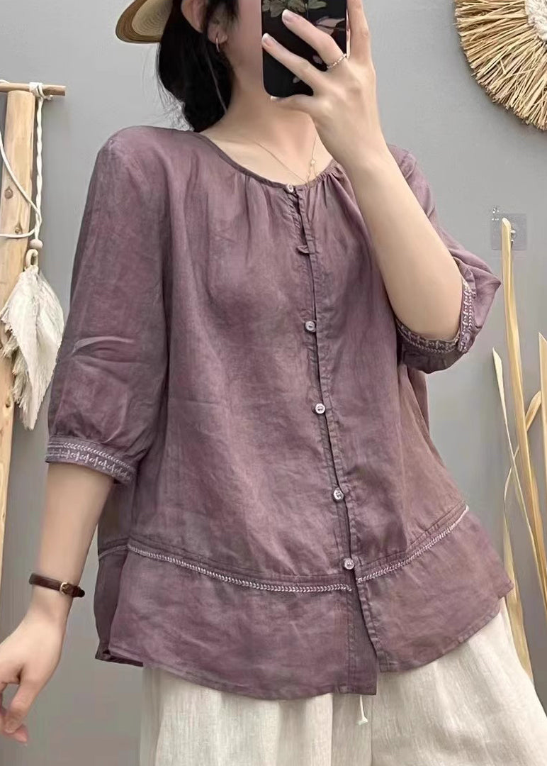 Bluse Baumwolle Bestickt Ziegel Tops Patchwork Rot Casual Sommer