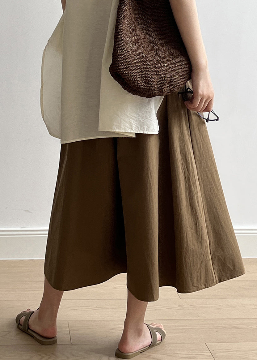 Lässige braune Taschen elastische Taille Baumwolle Crop Wide Leg Pants Sommer QB003