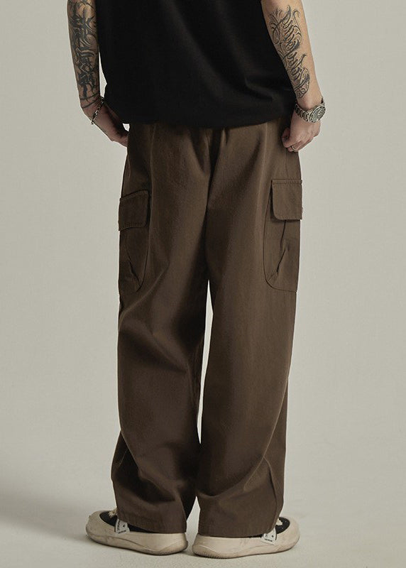 Cotton Casual Summer Waist Brown Elastic Pockets Men Pants