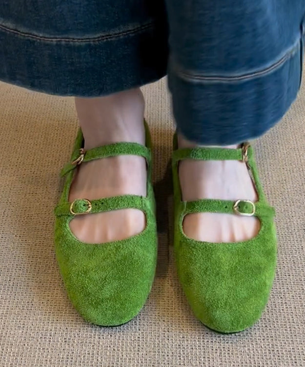 Suede Feet Green Buckle Casual Shoes Splicing Flat Strap