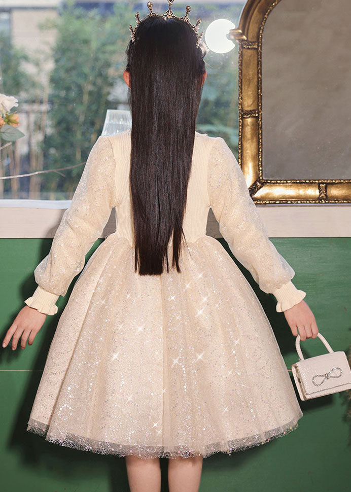 Robe longue décontractée en tulle et perles pour enfants, col montant, couleur champagne, automne QV020