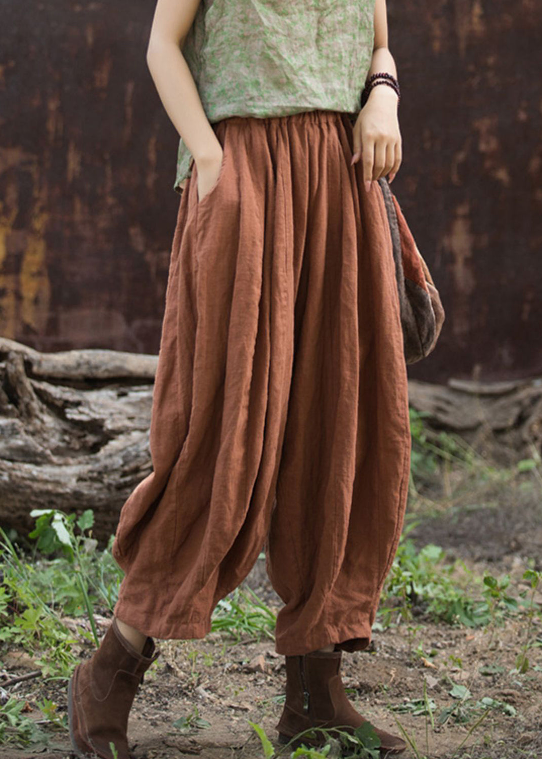 Lässige, gemütliche Leinentaschen, elastische Taille, Baumwoll-Crop-Hose, Sommer QK024