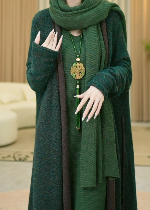 Cardigan long en tricot de coton vert décontracté à col en V, confortable et chaud, pour l'hiver, RF031