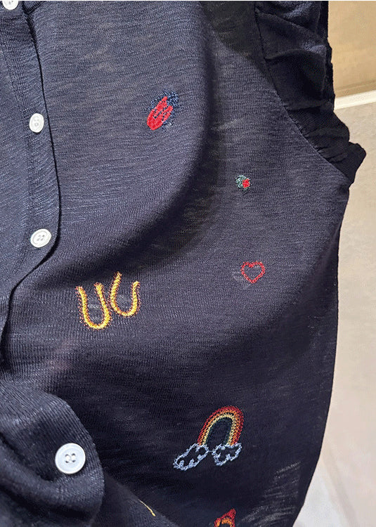 Sleeveless Casual Embroideried Button Down Cotton Grey Vests