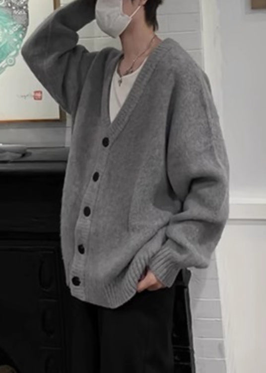 Cardigans en tricot à col en V et boutons décontractés pour homme, gris