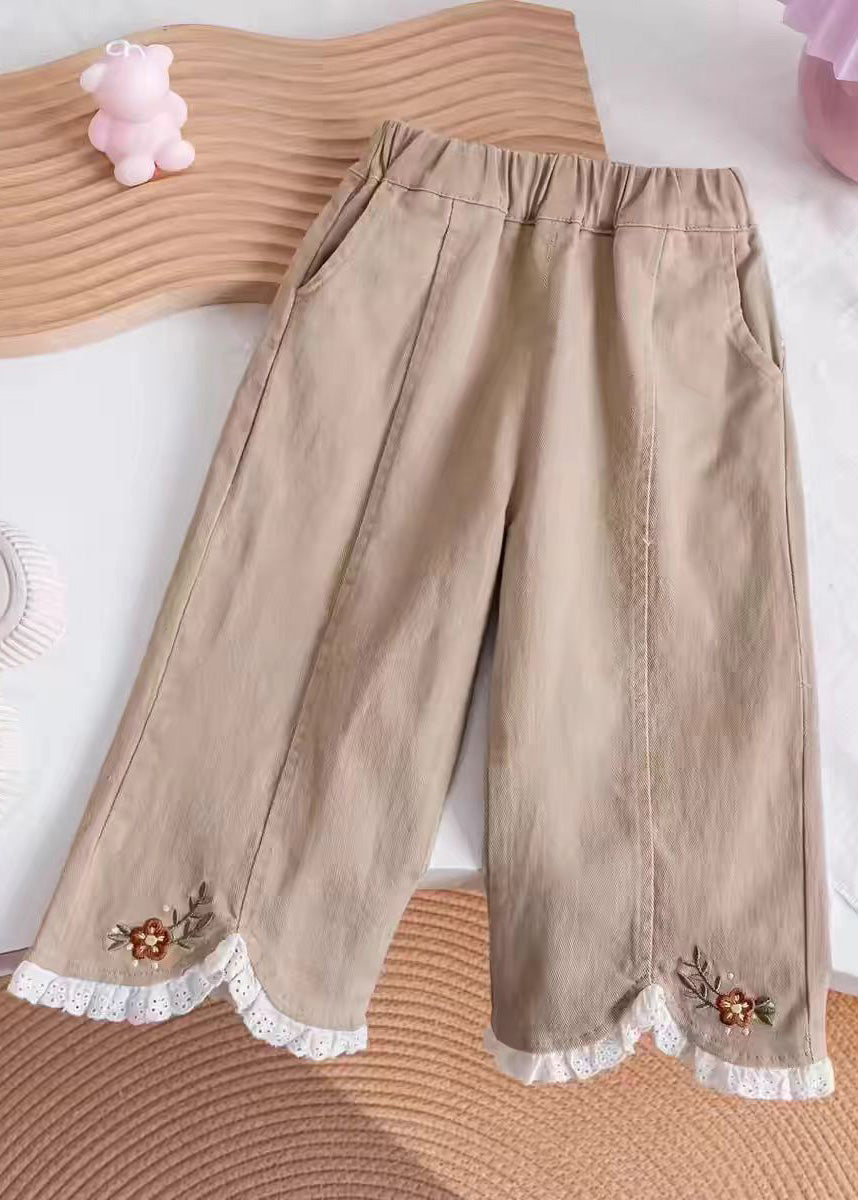 Lässige Khaki bestickte Kinderhose mit elastischer Taille TV005