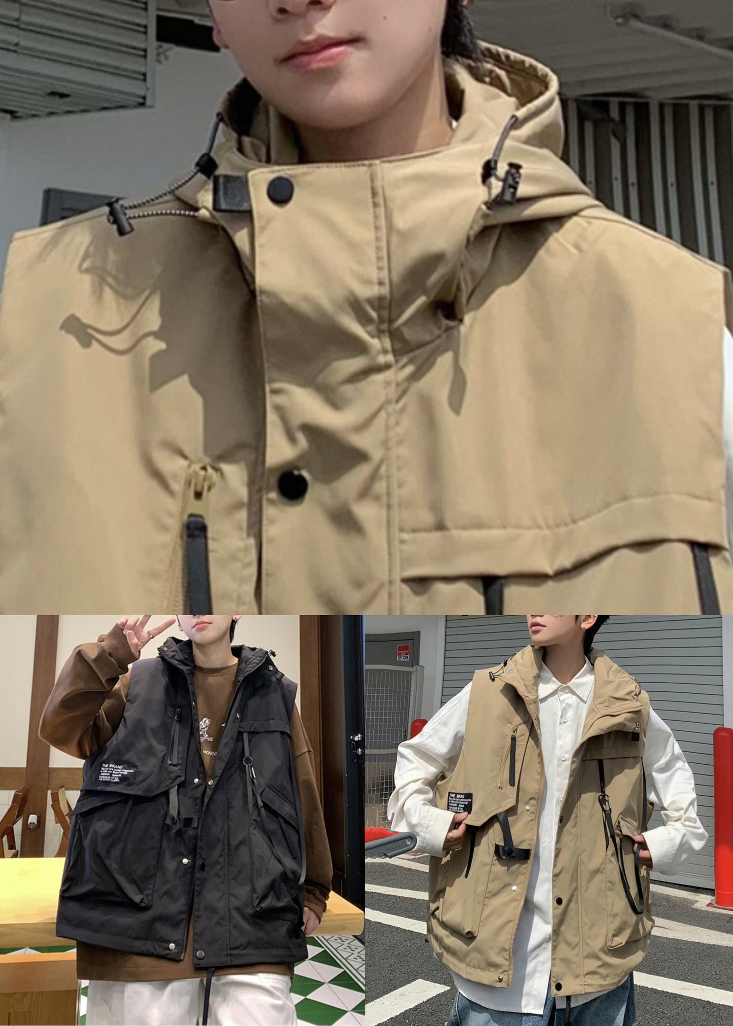 Gilet décontracté kaki à capuche et poches en coton pour homme, printemps RN007