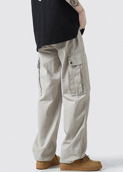 Waist Mens Crop High Pockets Grey Light Cotton Pants Casual