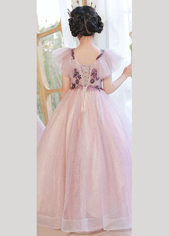 Robe longue décontractée en tulle violet clair à col en V et paillettes pour filles, été QV017