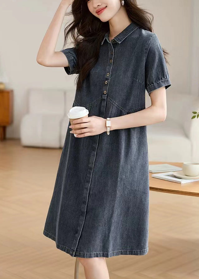 Summer Collar Pan Peter Casual Work Denim Navy Dress