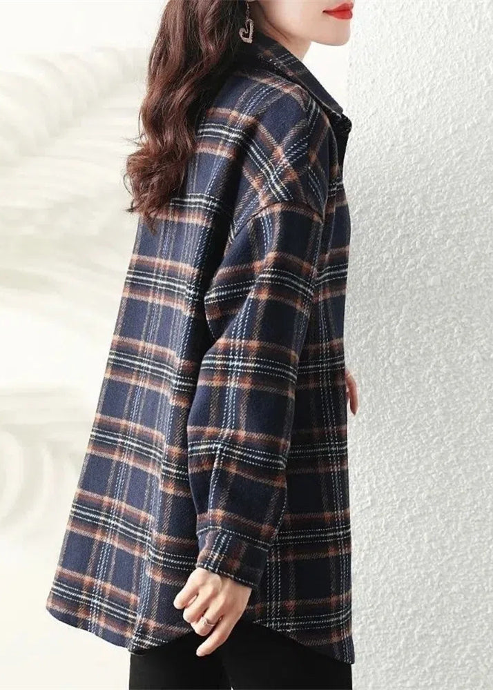 Chemise décontractée en coton à carreaux et col Peter Pan bleu marine, manteau printemps TI034