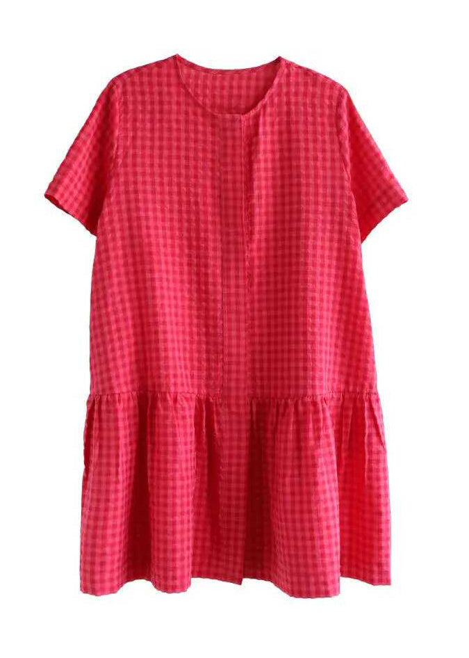 Red Dresses Mid Summer Plaid Cotton O Casual Neck