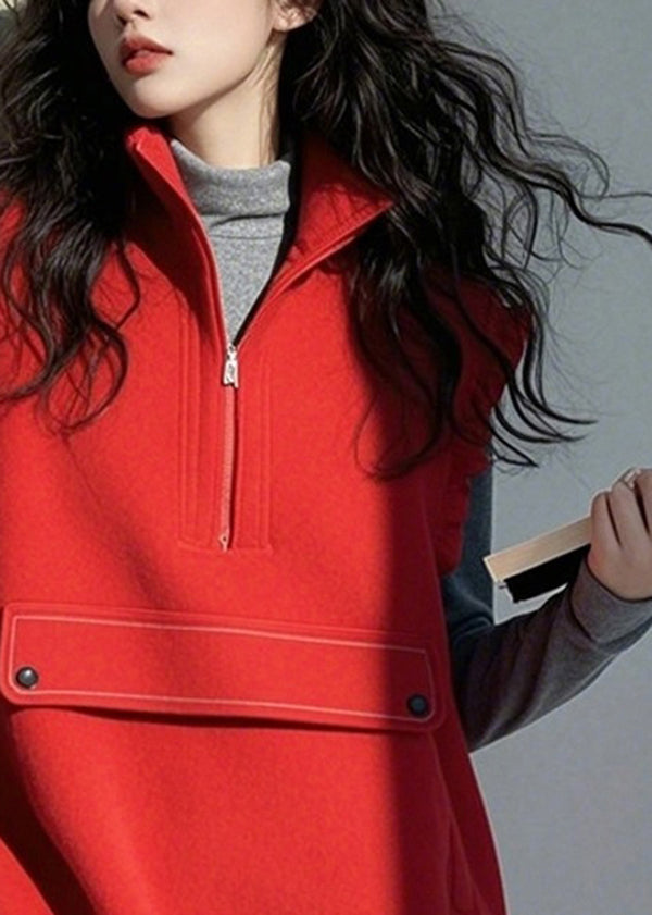 Lässiges rotes Rüschen-Top aus Baumwolle mit Patchwork-Muster und Reißverschluss, ärmellos, TN029