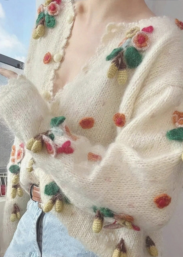 Cardigan chic beige en tricot patchwork à col en V et boutons pour l'hiver WX013