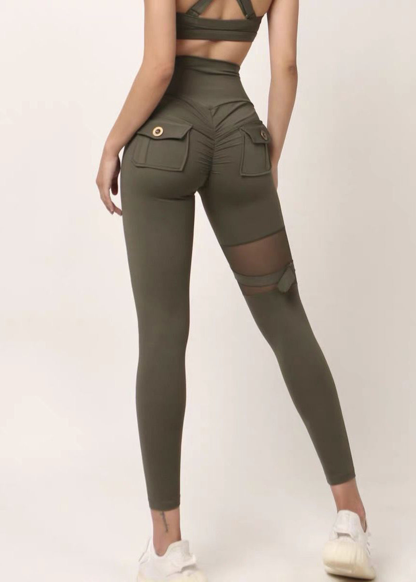 Pantalon de yoga chic noir taille haute en coton avec empiècement en maille TD019