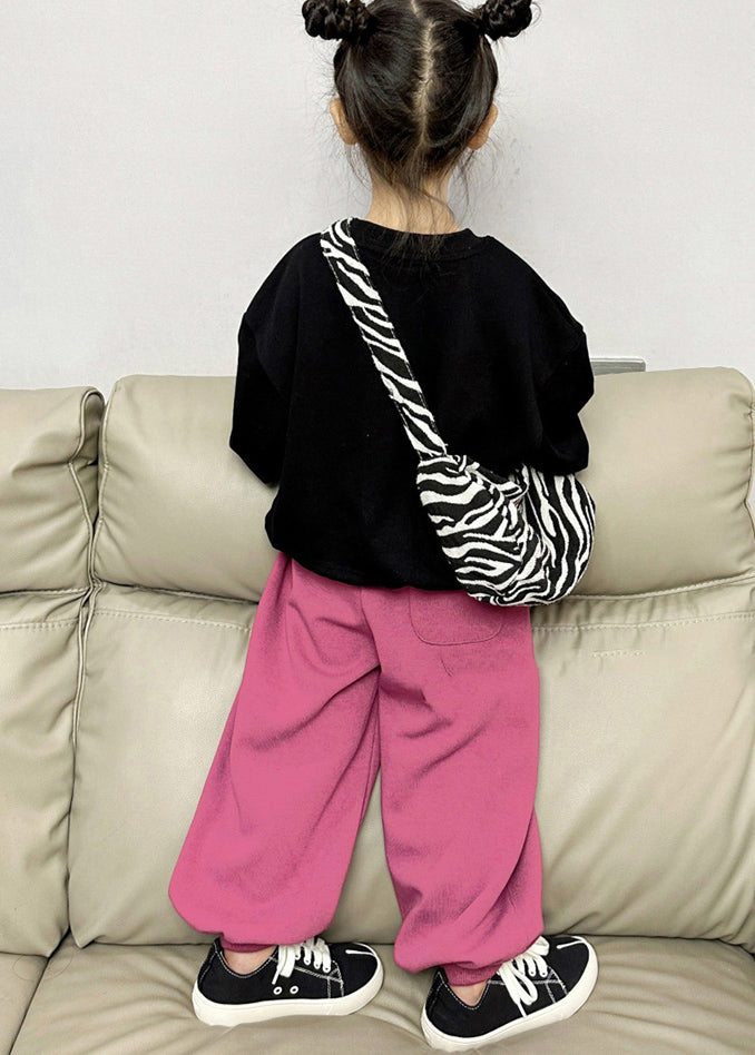Ensemble deux pièces chic noir à col rond pour enfant, sweat-shirt en polaire et pantalon lanterne, printemps TR002