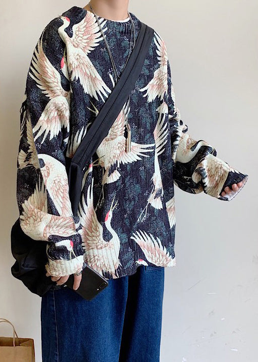 Schicker schwarzer O-Ausschnitt-Druck, gemütlicher Strickpullover für Herren, Winter, WJ023