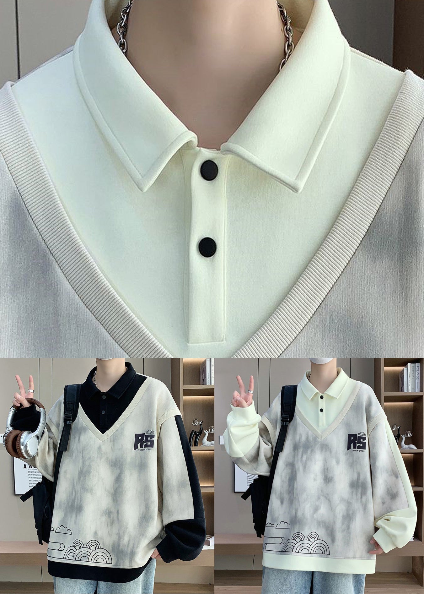 Cotton Button Black Mens Sweatshirts Patchwork Print Chic Spring