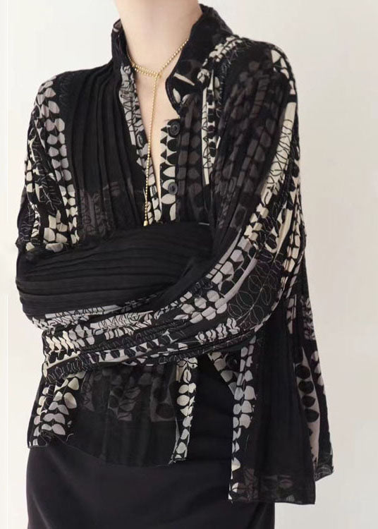 Chemisier chic en tulle noir froissé et patchwork, automne RU001