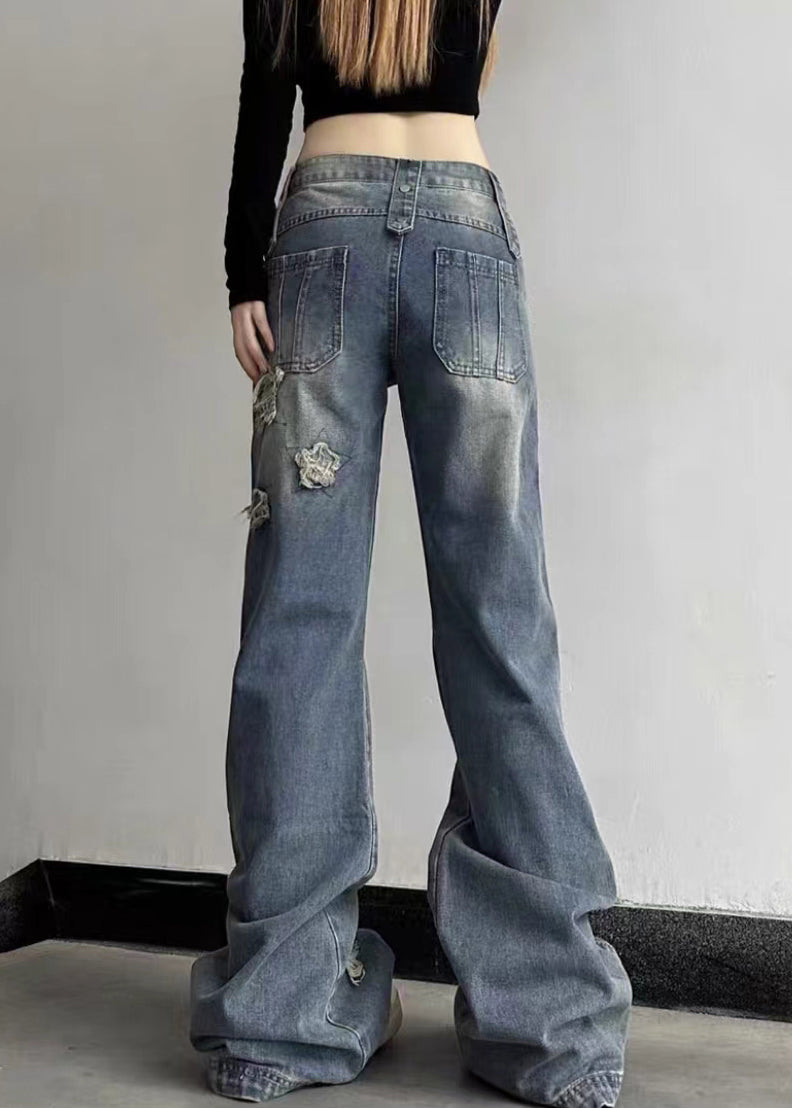 Schicke Jeanshose mit hohem Bund und blauem Loch, Herbst, QF044