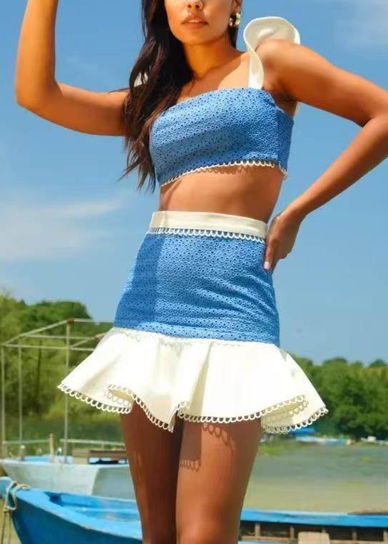 Piece Two Butterfly Sleeve Chic Cotton Set Blue Patchwork Outfits
