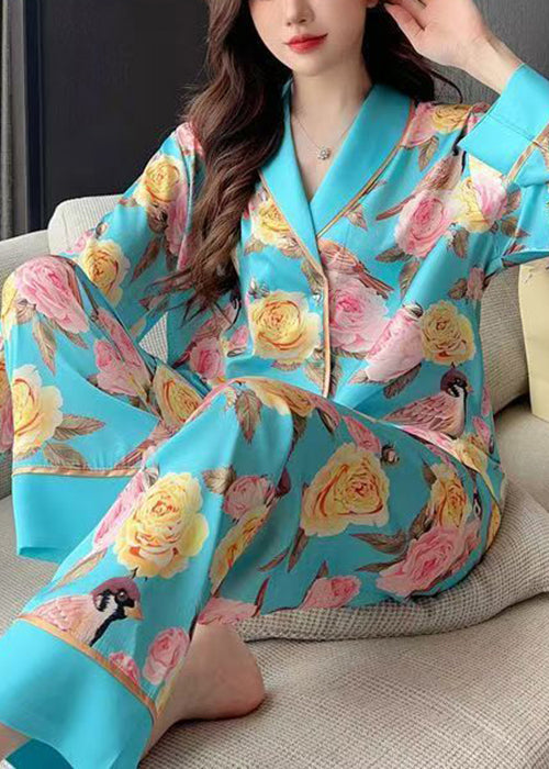 Ensemble pyjama deux pièces en soie glacée, chemisier et pantalon à imprimé roses bleues chics, printemps YK021