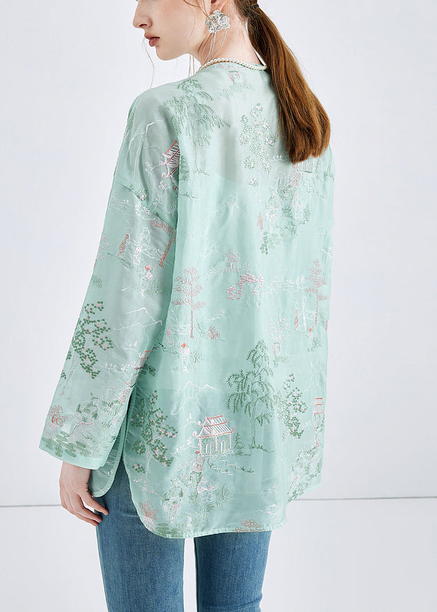 Tenue 2 pièces en mousseline de soie brodée verte chic printemps KK050
