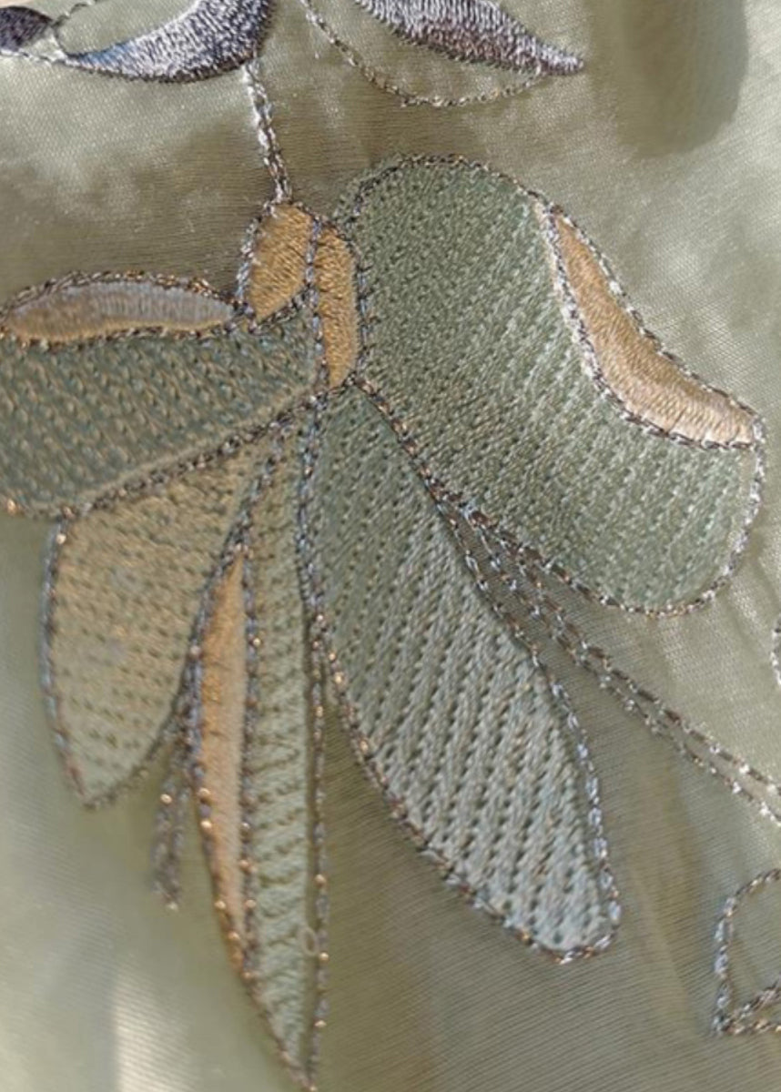 Chic Green Embroidered Side Open Linen Shirt Bracelet Sleeve JH015