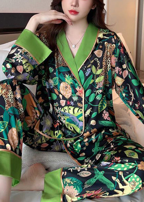 Schicker grüner Pyjama mit Peter-Pan-Kragen und Print aus Eisseide, zweiteilig, Frühling, YK010