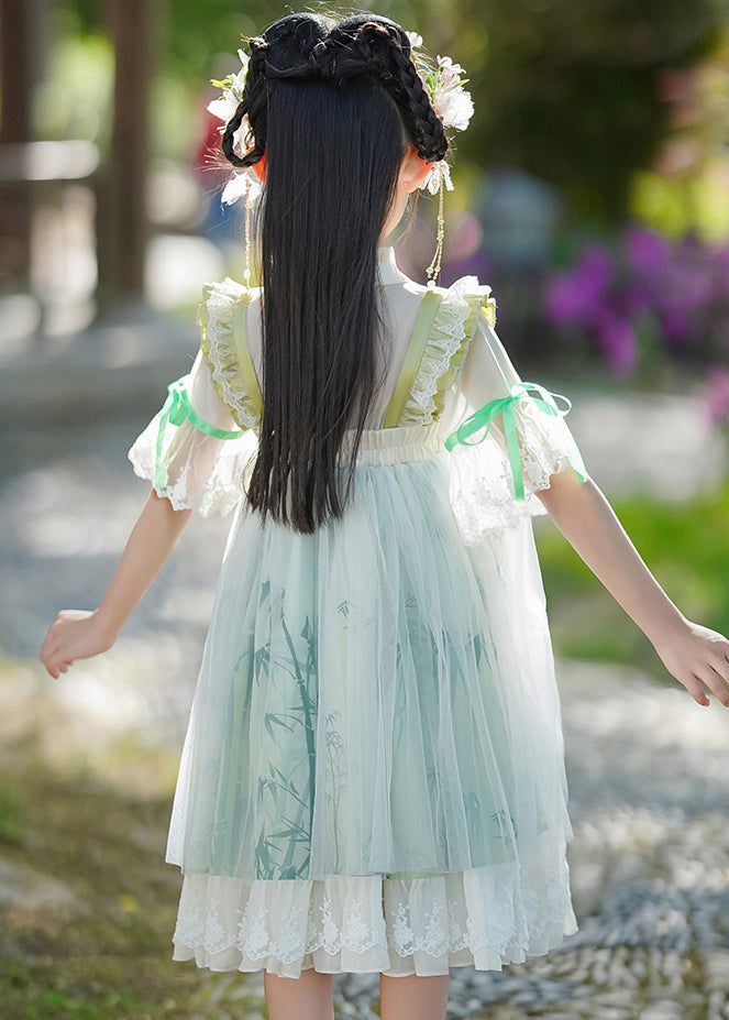 Robe à volants chic patchwork V maxi mousseline verte pour enfant