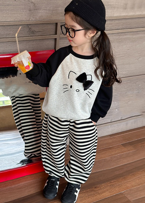 Chic Grey O-Neck Striped Girls Sweatshirt And Lantern Pants Two Piece Set Spring TR007