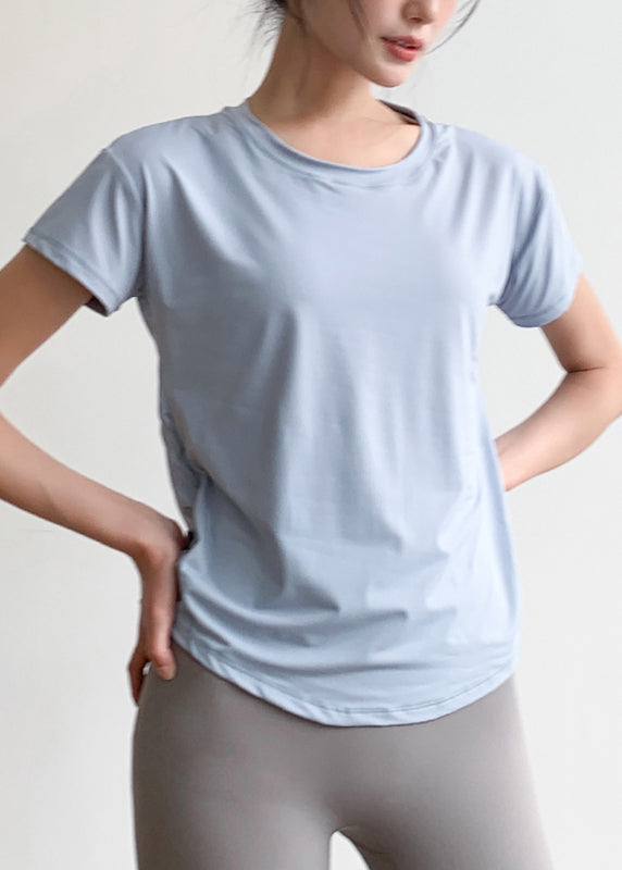 Patchwork Short Light Yoga Tulle Sleeve Blue Top Chic